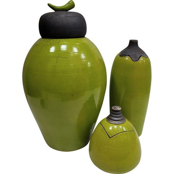 Image 1 of Set of 3 vintage Raku green glazed ceramic vases by Geneviève Berrin, France