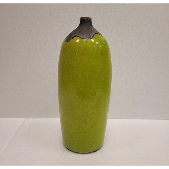 Image 1 of Set of 3 vintage Raku green glazed ceramic vases by Geneviève Berrin, France