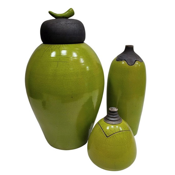 Image 1 of Set of 3 vintage Raku green glazed ceramic vases by Geneviève Berrin, France