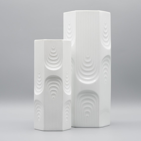Image 1 of Retro Op Art Design Ak Kaiser Geometric Relief Glossy Porcelain Vase Vintage 70S
