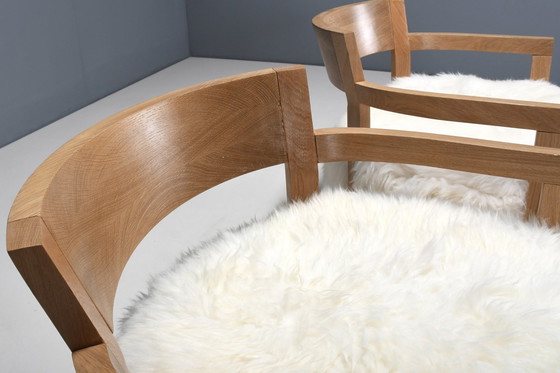 Image 1 of Set Of Two Solid Oak And Off-White Sheepskin Chairs, Switzerland, 1970S