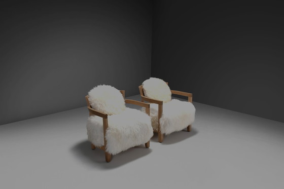 Image 1 of Set Of Two Solid Oak And Off-White Sheepskin Chairs, Switzerland, 1970S