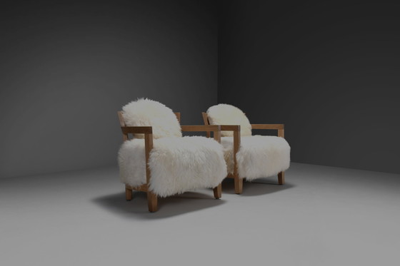 Image 1 of Set Of Two Solid Oak And Off-White Sheepskin Chairs, Switzerland, 1970S