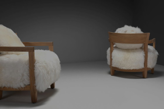 Image 1 of Set Of Two Solid Oak And Off-White Sheepskin Chairs, Switzerland, 1970S