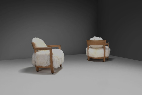 Image 1 of Set Of Two Solid Oak And Off-White Sheepskin Chairs, Switzerland, 1970S