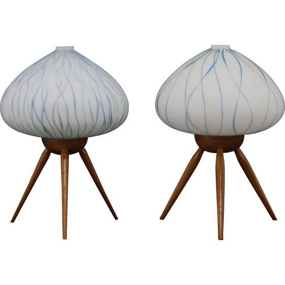 Image 1 of Pair of vintage table lamps in beech wood and glass for Uluv, Czechoslovakia 1960