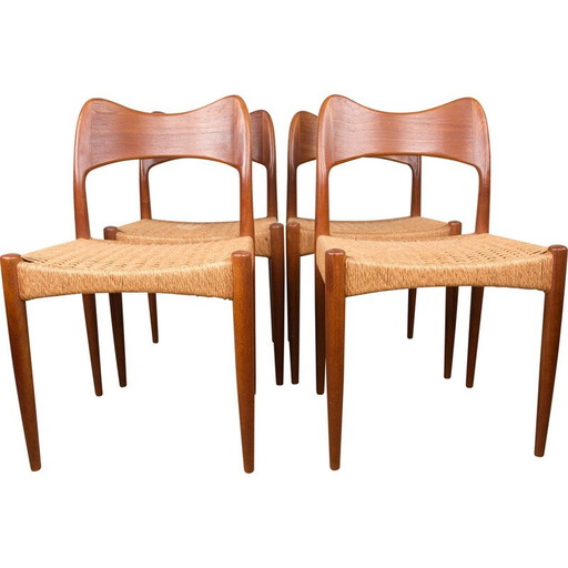 Set of 4 teak and rope chairs by Arne Hovmand Olsen for Mogens Kold, Denmark 1960