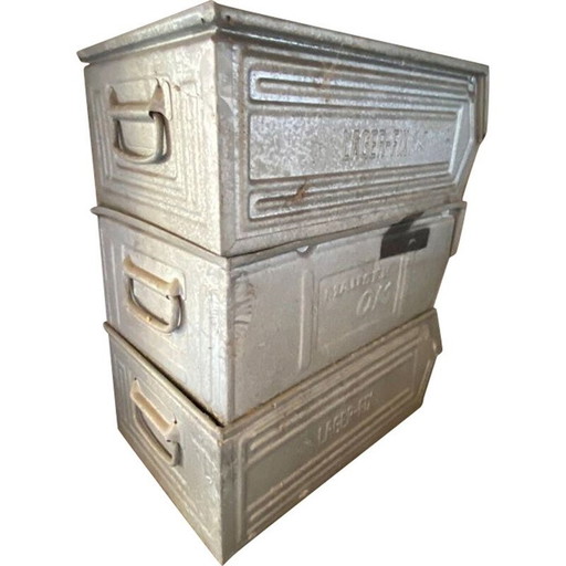 Juego de 3 bandejas apilables vintage de acero galvanizado con boquilla, 1950