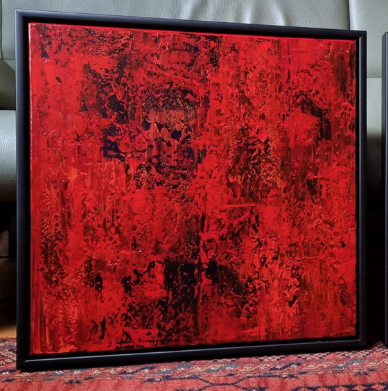 Image 1 of Frances Eckhardt - Peinture abstraite rouge 60x60 cm + cadre