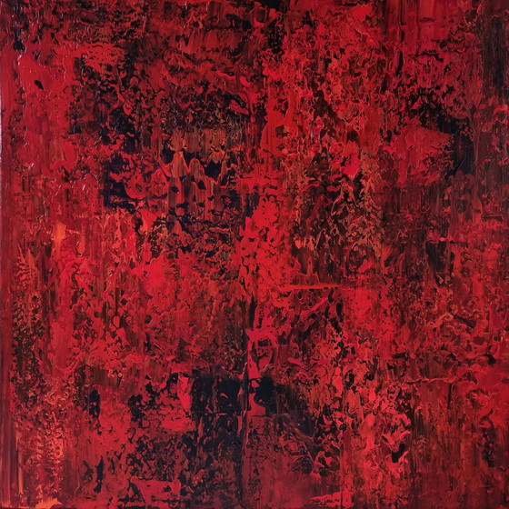 Image 1 of Frances Eckhardt - Peinture abstraite rouge 60x60 cm + cadre