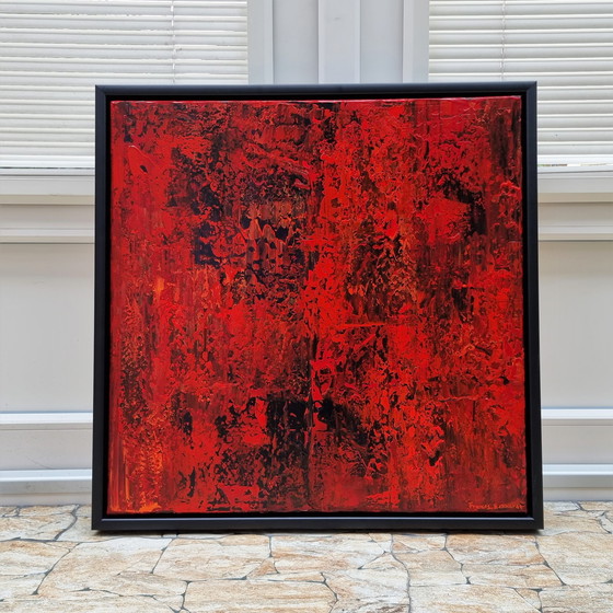 Image 1 of Frances Eckhardt - Peinture abstraite rouge 60x60 cm + cadre