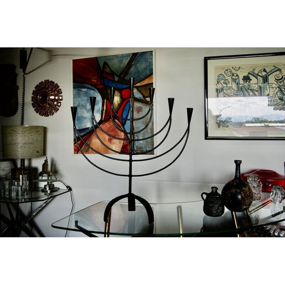 Image 1 of Vintage menorah in wrought and beaten iron, Sweden 1950
