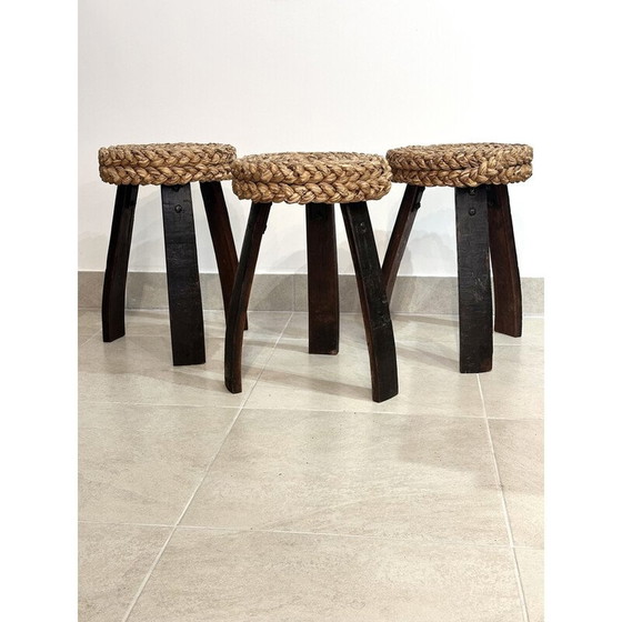 Image 1 of Vintage beech and woven raffia stools by Adrien Audoux and Frida Minet, 1966