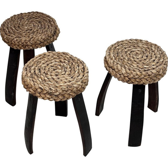 Image 1 of Vintage beech and woven raffia stools by Adrien Audoux and Frida Minet, 1966