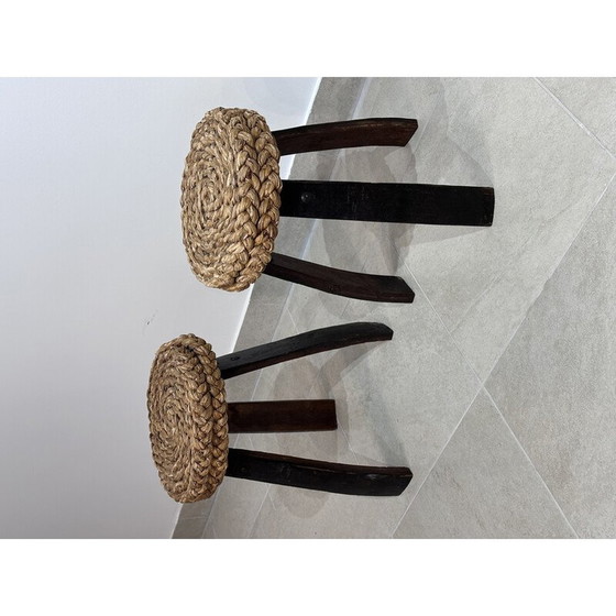 Image 1 of Vintage beech and woven raffia stools by Adrien Audoux and Frida Minet, 1966