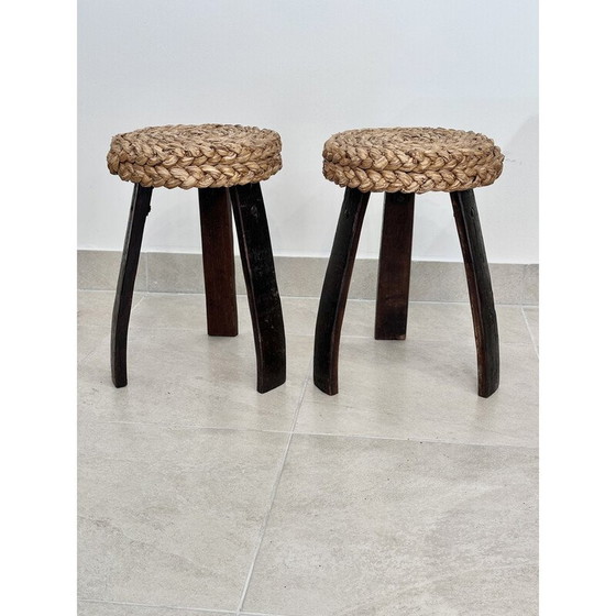 Image 1 of Vintage beech and woven raffia stools by Adrien Audoux and Frida Minet, 1966