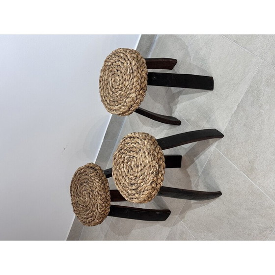 Image 1 of Vintage beech and woven raffia stools by Adrien Audoux and Frida Minet, 1966
