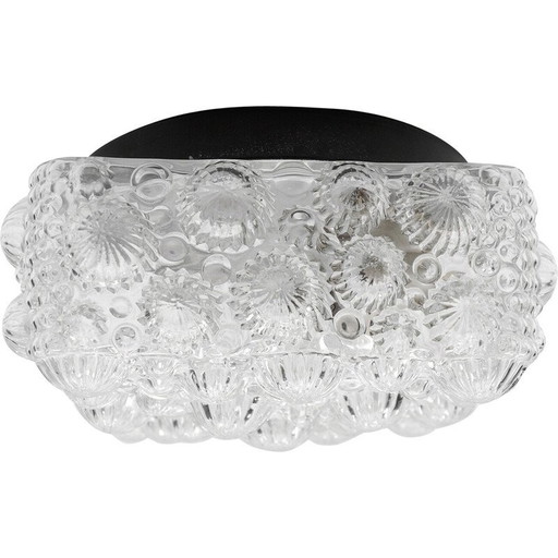 Vintage square 3D fossil shell-shaped frosted glass and metal flush mount ceiling lamp, 1960