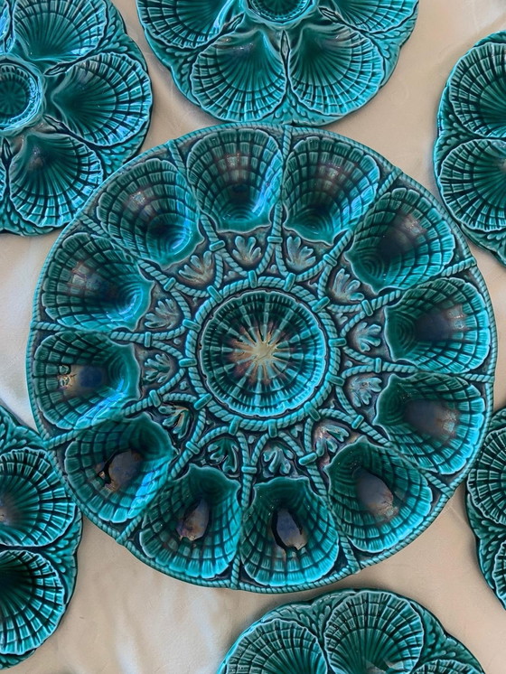 Image 1 of 1X Sarreguimines Green Serving Bowl With 12 Matching Oyster Plates