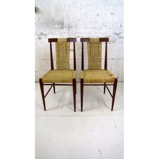 Set of 2 vintage dining chairs in wood and wicker, 1960s