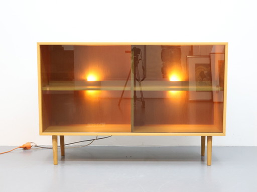 Vintage sideboard blond oak with smoked glass sliding doors
