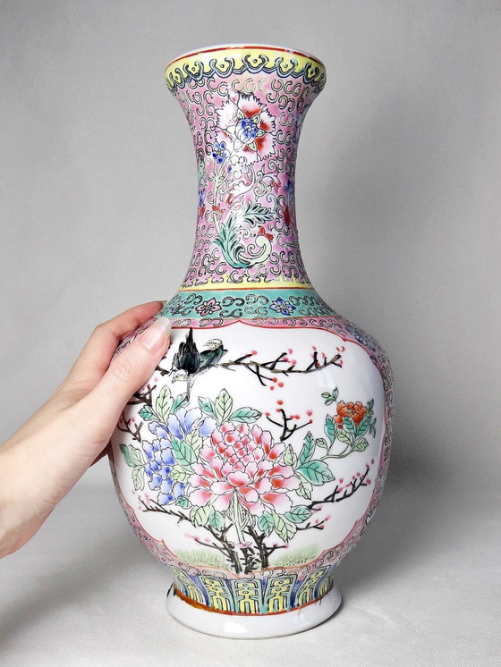 Image 1 of Large baluster vase with pierced base Chinese/antique famille rose enamelled porcelain