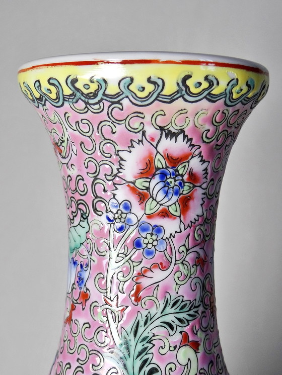 Image 1 of Large baluster vase with pierced base Chinese/antique famille rose enamelled porcelain