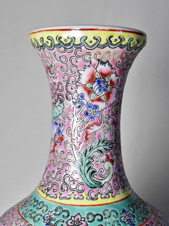 Image 1 of Large baluster vase with pierced base Chinese/antique famille rose enamelled porcelain