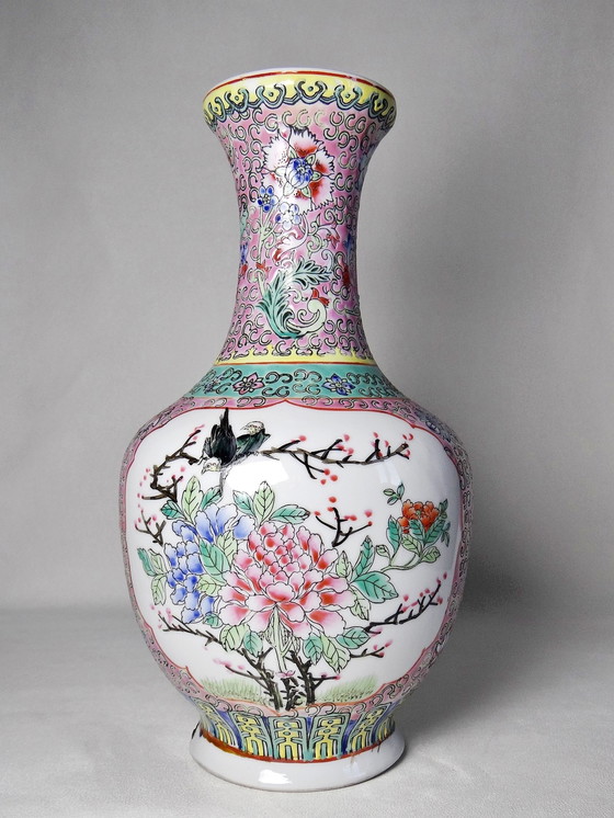 Image 1 of Large baluster vase with pierced base Chinese/antique famille rose enamelled porcelain