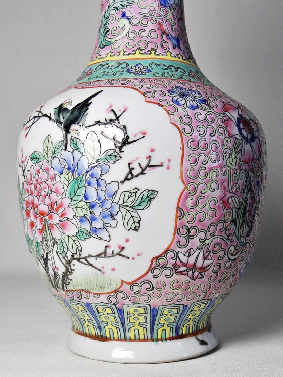 Image 1 of Grand vase balustre base percée chinois/ancien porcelaine émaillée famille rose