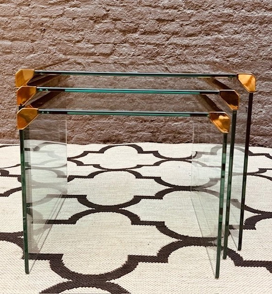 Image 1 of Galotti & Radice 3 Piece Mimi Set Nest Tables Tempered Glass With Brass Finish