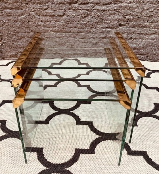 Image 1 of Galotti & Radice 3 Piece Mimi Set Nest Tables Tempered Glass With Brass Finish