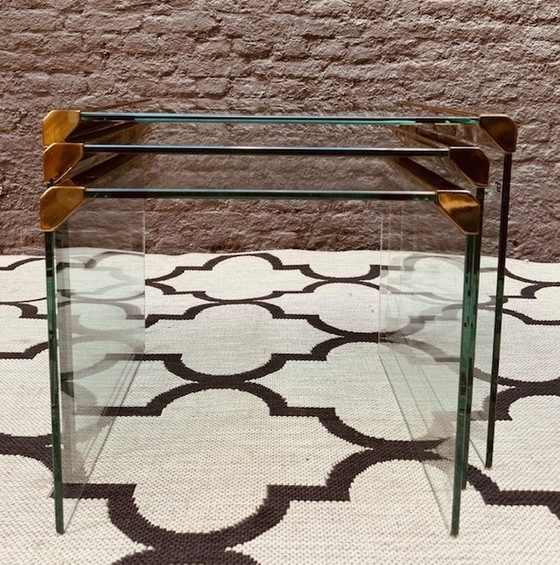 Image 1 of Galotti & Radice 3 Piece Mimi Set Nest Tables Tempered Glass With Brass Finish