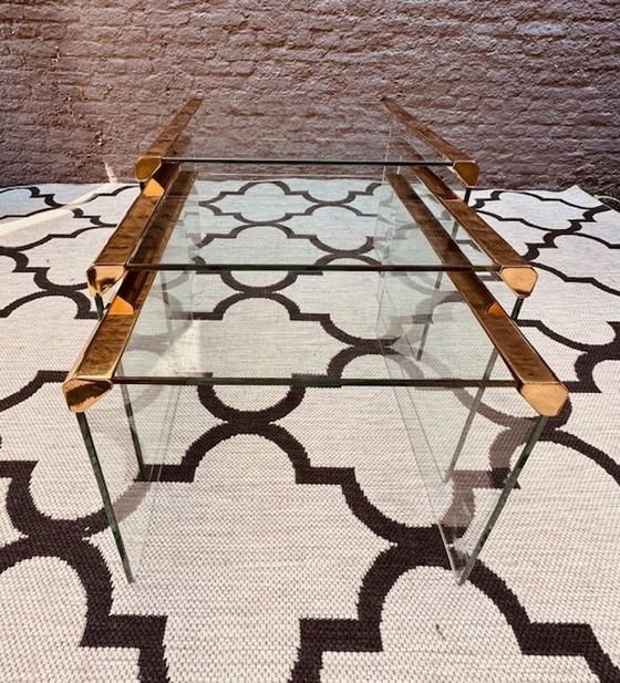 Image 1 of Galotti & Radice 3 Piece Mimi Set Nest Tables Tempered Glass With Brass Finish