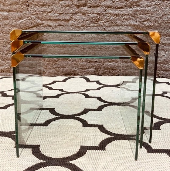 Image 1 of Galotti & Radice 3 Piece Mimi Set Nest Tables Tempered Glass With Brass Finish