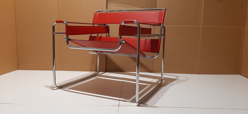 Knoll Wassily B3 2 New-Unused Red Leather Armchairs By Marcel Breuer