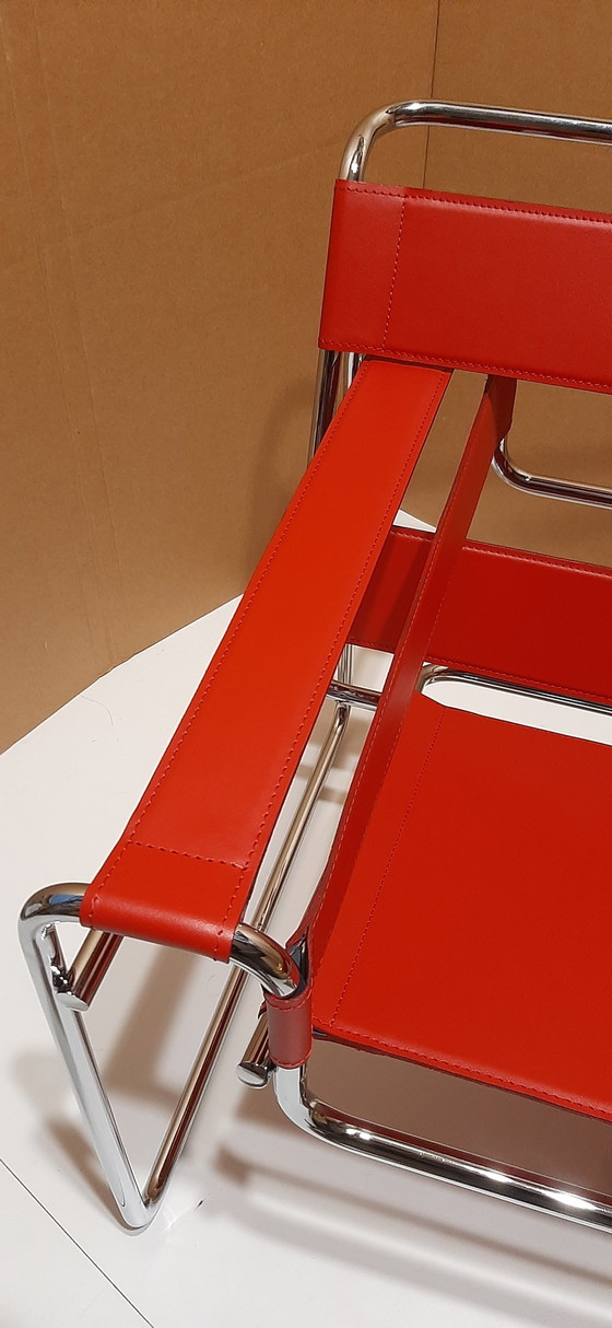 Image 1 of Knoll Wassily B3 2 New-Unused Red Leather Armchairs By Marcel Breuer