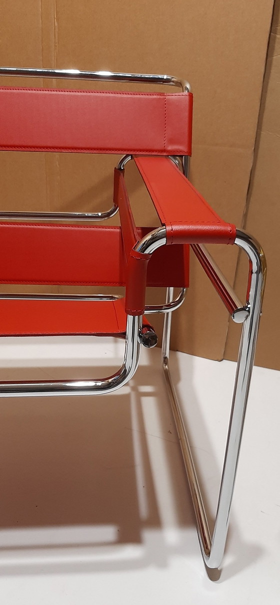 Image 1 of Knoll Wassily B3 2 New-Unused Red Leather Armchairs By Marcel Breuer