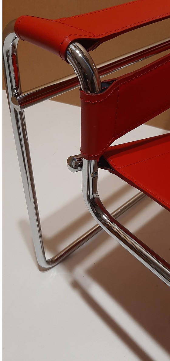 Image 1 of Knoll Wassily B3 2 New-Unused Red Leather Armchairs By Marcel Breuer