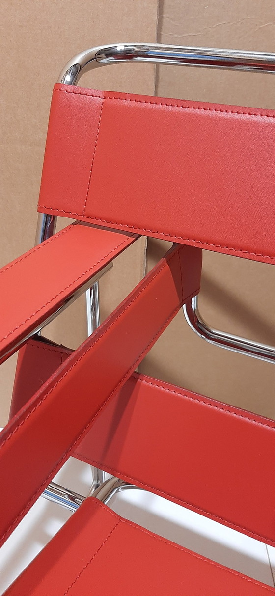 Image 1 of Knoll Wassily B3 2 New-Unused Red Leather Armchairs By Marcel Breuer