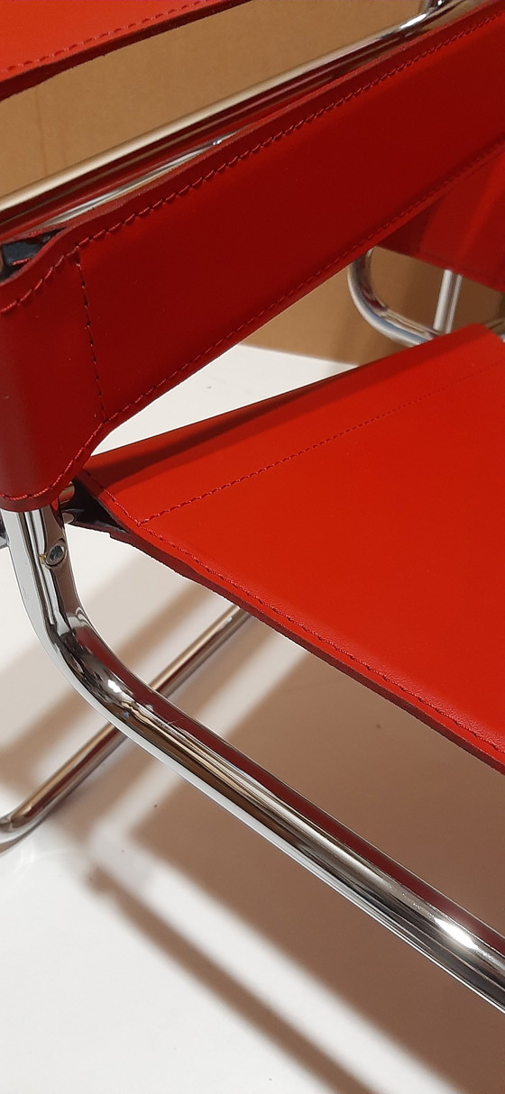 Image 1 of Knoll Wassily B3 2 New-Unused Red Leather Armchairs By Marcel Breuer