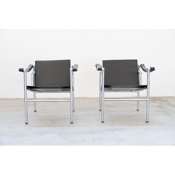 Image 1 of Pair of vintage LC1 armchairs in leather and steel by Le Corbusier and Pierre Jenneret for Cassina, Italy 1970