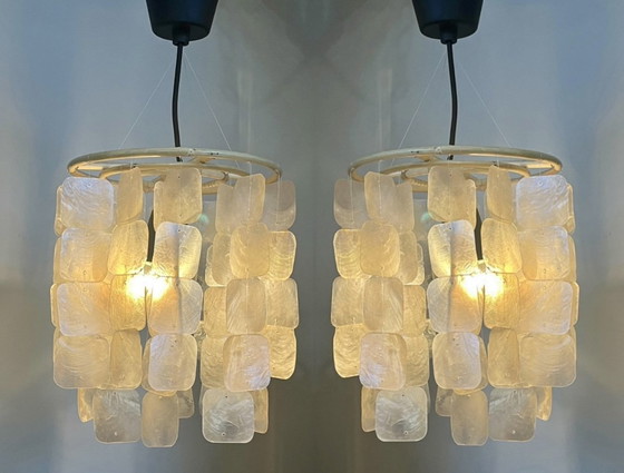 Image 1 of Set Of 2 Capiz Shell Pendant Lamps Bamboo Frame