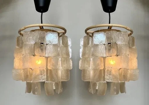 Set Of 2 Capiz Shell Pendant Lamps Bamboo Frame