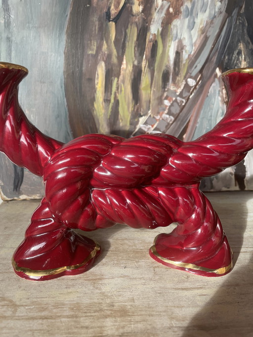 Mid - Century Red Ceramic Candlestick