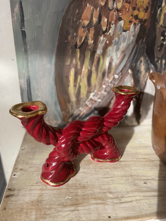 Image 1 of Mid - Century Red Ceramic Candlestick