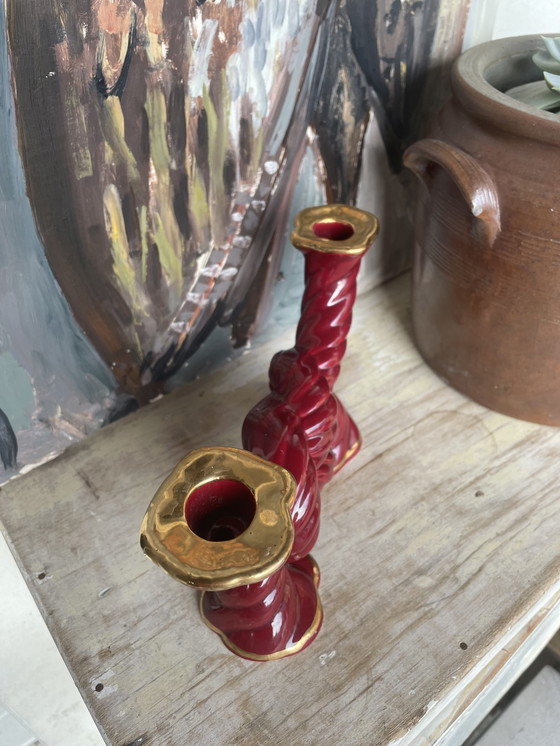 Image 1 of Mid - Century Red Ceramic Candlestick