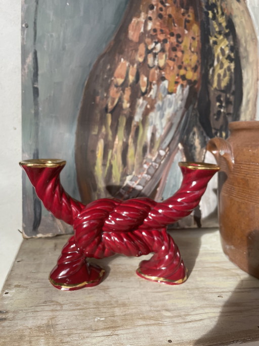 Mid - Century Red Ceramic Candlestick