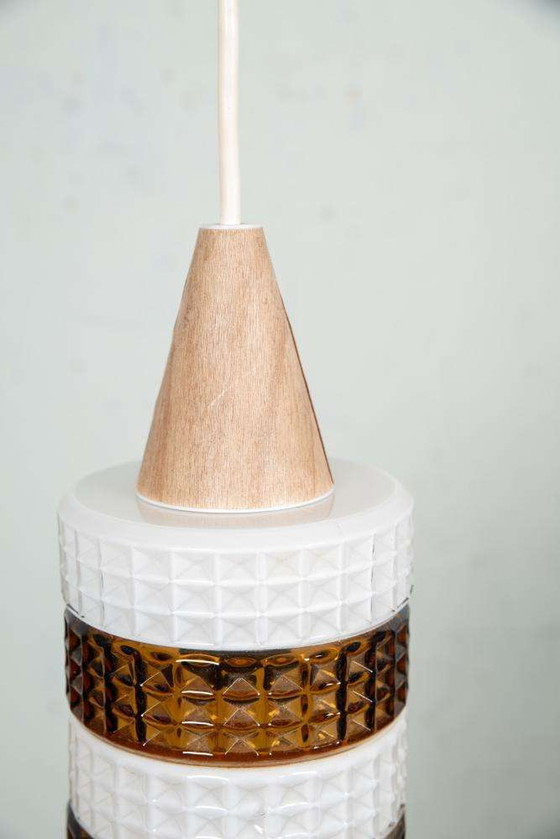 Image 1 of Lampada a sospensione in vetro vintage, cilindro in vetro ambrato, pendente in vetro