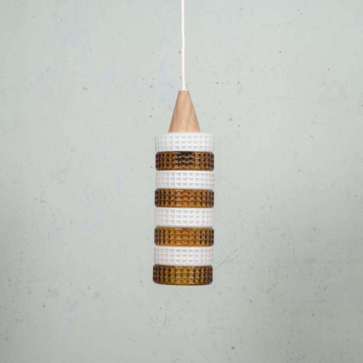 Lampe suspendue vintage en verre cylindrique, verre ambré, suspension en verre